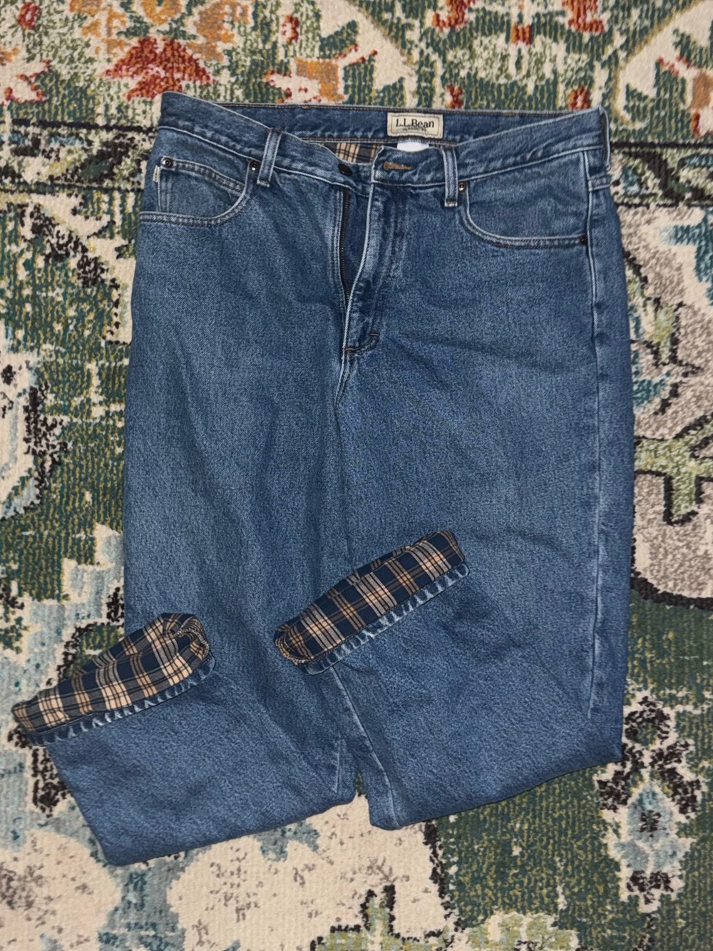 L.L. Bean Blue Women's Boyfriend Jeans with Plaid Cuffs